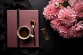 Productive Day Essentials Flat-Lay with Planner, Coffee, and Pink Flowers on Dark Background. Generative Ai Royalty Free Stock Photo