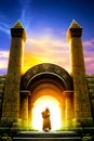 Ancient stargate with a man walking through generated by ai Royalty Free Stock Photo