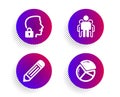 Unlock system, Group and Pencil icons set. Pie chart sign. Access granted, Managers, Edit data. Vector