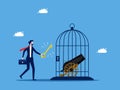 Unlock trade and business wars. Businessman unlocks a cannon in a cage. Business concept