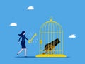 Unlock trade and business wars. Businesswoman unlocks a cannon in a cage. Business concept