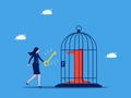 Unlock victory and value. Businesswoman uses a key to unlock number one icon from birdcage. business competition concept