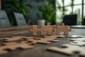 Unlock workflow synergy with this captivating image featuring Business professionals collaborating with puzzle pieces, symbolizing