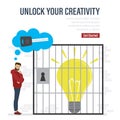 Unlock your creativity, landing page template. Cartoon scene with light bulb in prison room. Lack of ideas