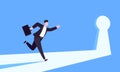 Unlock your opportunity concept with keyhole and ambitious man running to career potential Royalty Free Stock Photo