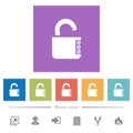 Unlocked combination lock with side numbers flat white icons in square backgrounds
