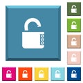 Unlocked combination lock with side numbers white icons on edged square buttons