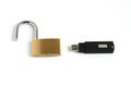 Unlocked open padlock with usb memory stick