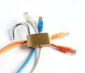 Unlocked padlock with four computer network cables Royalty Free Stock Photo
