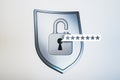Unlocked padlock and password asterisks on shield representing data protection and cybersecurity. 3D Rendering Royalty Free Stock Photo