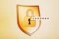 Unlocked padlock and password strip on shield icon representing cybersecurity and data protection concept. 3D Rendering Royalty Free Stock Photo