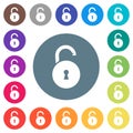 Unlocked round padlock with keyhole flat white icons on round color backgrounds