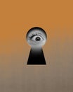 Unlocking hidden truths. Wide open shocked female eye looking into keyhole on gradient orange grey background