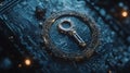 Unlocking secrets key on digital surface virtual space 3d render futuristic close-up mystery