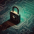 Unlocking Security - Padlock and Key on Digital Circuit Board Royalty Free Stock Photo