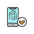 Unlocking the smartphone fingerprint, finger print identification flat color line icon.