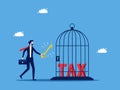 Unlocking taxes. Businessman unlocking taxes in a birdcage. business concept