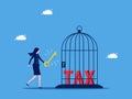 Unlocking taxes. Businesswoman unlocking taxes in a birdcage. business concept