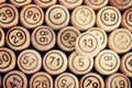 Unlucky number 13 on the background of wooden barrels lotto. Close up Royalty Free Stock Photo