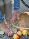 Unlucky woman with spilled apples Royalty Free Stock Photo