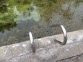 unmaintained outdoor swimming pool with algae floating on the water surface. Royalty Free Stock Photo