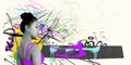 Unmanageable rhythm of life, speed of decision-making. Young girl& x27;s portrait with colorful bright abstract graphics Royalty Free Stock Photo