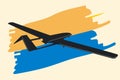 Unmanned aerial vehicle Bayraktar TB2 SIHA silhouette vector on a Ukraine flag background.