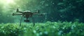 Unmanned aerial vehicle with camera in flight, glistening droplets in air, serene green backdrop