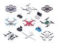 Unmanned aircraft, delivery drone with propellers, camera and computer controller. Drones and controllers isolated