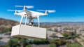 Unmanned Aircraft System UAS Quadcopter Drone Carrying Blank Box Royalty Free Stock Photo