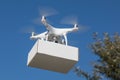 Unmanned Aircraft System UAS Quadcopter Drone Carrying Blank Box Royalty Free Stock Photo