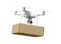 Unmanned Aircraft System UAS Quadcopter Drone Carrying Blank Package On White