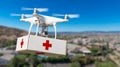 Unmanned Aircraft System UAS Quadcopter Drone Carrying First Aide Kit Royalty Free Stock Photo