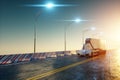 Unmanned autonomous cargo transportation. An autonomous, electric, self-driving truck moves along the road. Fast cargo delivery, Royalty Free Stock Photo