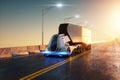 Unmanned autonomous cargo transportation. An autonomous, electric, self-driving truck moves along the road. Fast cargo delivery, Royalty Free Stock Photo