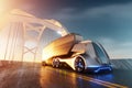 Unmanned autonomous cargo transportation. An autonomous, electric, self-driving truck moves along the road. Fast cargo delivery, Royalty Free Stock Photo