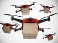 Unmanned drone carrying cargo box. 3D illustration