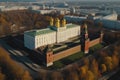 Unmanned military drone flies in the sky over Moscow , 3d rendering. Concept: combat strike drone, aerial attack on Kremlin,