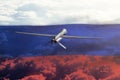 Unmanned military drone flying against the background of the Russian flag and sky, 3d rendering.