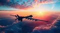 Unmanned military drone flying in the sky above the clouds, American technology. Concept: military reconnaissance drone Royalty Free Stock Photo