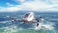 An unmanned passenger air taxi flies over the sea. The concept of the future driverless taxi. 3D Rendering Royalty Free Stock Photo