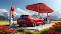 Unmanned red electric car charges at a fast charging station