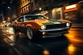 Unmarked American muscle car accelerates through urban streets in motion