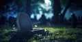 Unmarked gravestone in a moonlight filtering through trees in old cemetery at night