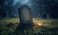 Unmarked tombstone amidst the dewy grass on ancient cemetery at night