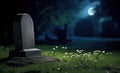 Unmarked tombstone in a cemetery under the soft glow of a full moon at night with white wildflowers blooming amidst the grass