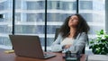 Unmotivated office worker tired of monotony routine closeup. Girl leaning chair Royalty Free Stock Photo