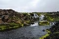 Unnamed waterfall at of Huseyjarkvisl source river valley at sunset in Iceland Royalty Free Stock Photo