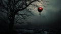 Eerie Atmosphere: Haunting Balloon Amidst Rain and Desolate Landscape