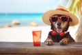 unny black dog with summer straw hat and sun glasses at tropical beach bar. Generative AI Royalty Free Stock Photo